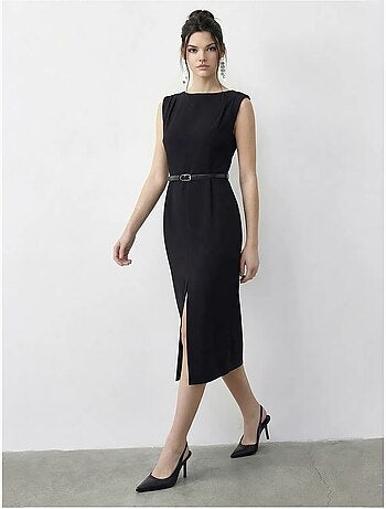 Robe crayon midi ceinturée à encolure bateau lucci