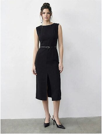Robe crayon midi ceinturée à encolure bateau lucci