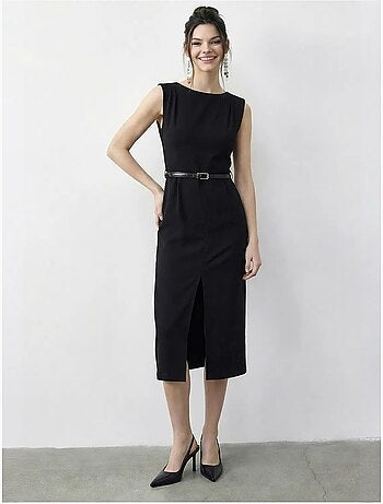Robe crayon midi ceinturée à encolure bateau lucci