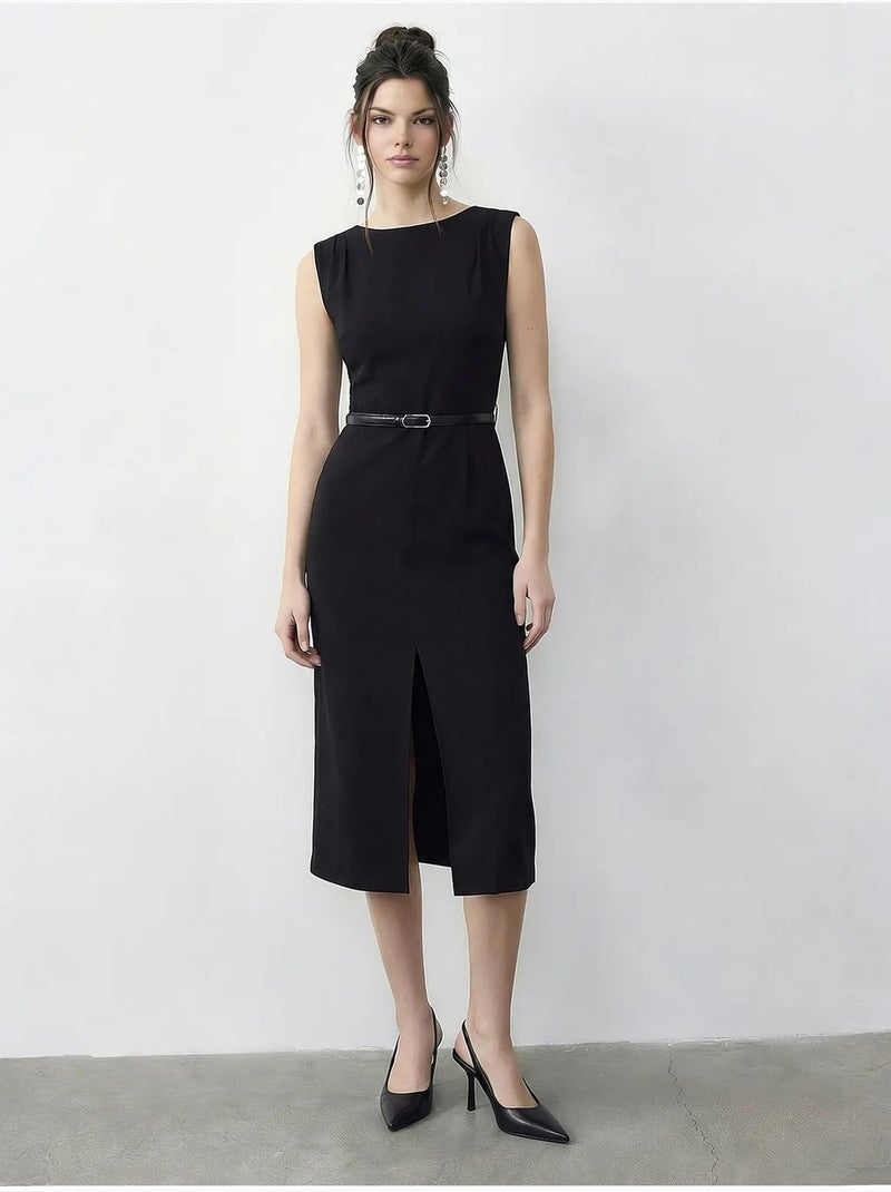 Robe crayon midi ceinturée à encolure bateau lucci Noir - Kiabi