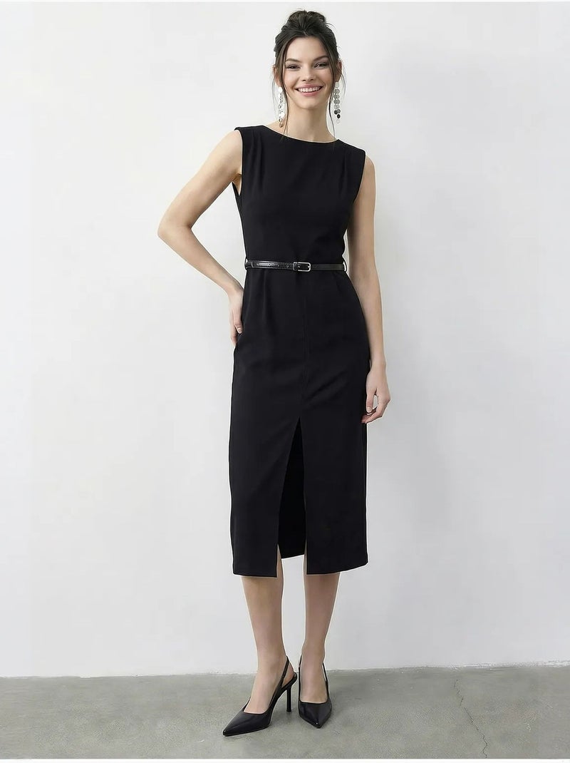 Robe crayon midi ceinturée à encolure bateau lucci Noir - Kiabi