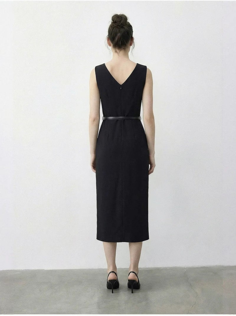 Robe crayon midi ceinturée à encolure bateau lucci Noir - Kiabi