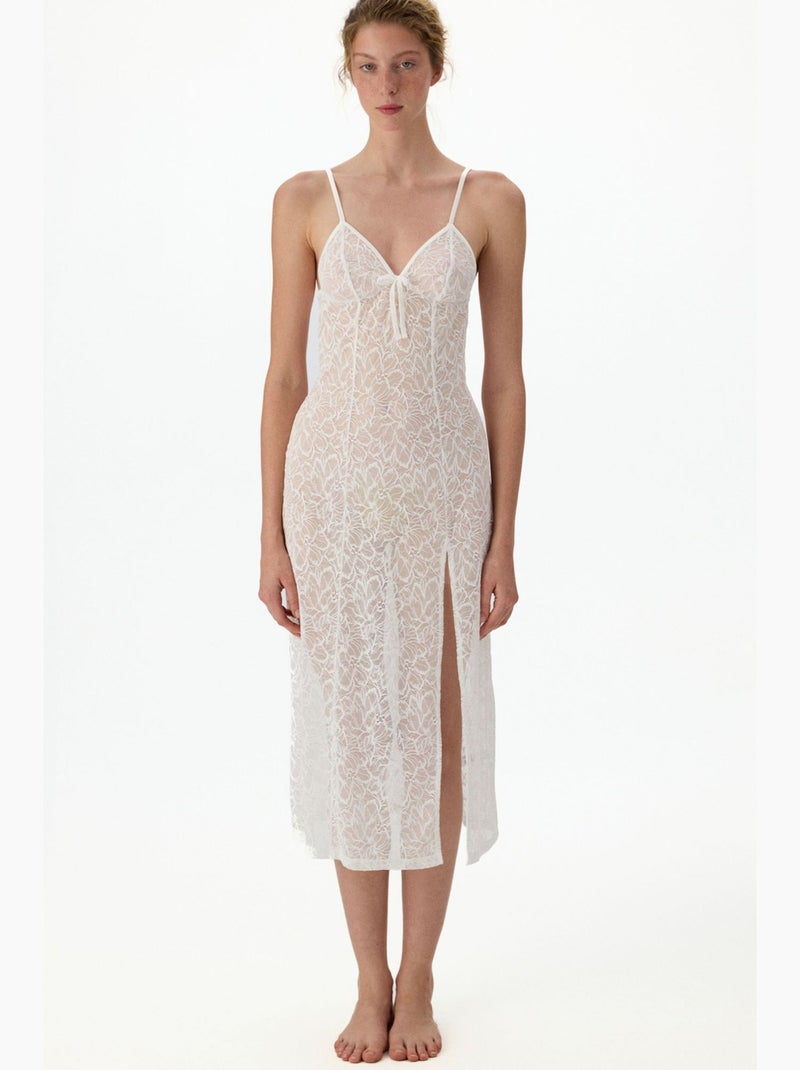 Robe de chambre bridal délicate en dentelle à manches longues froissée penti Blanc - Kiabi