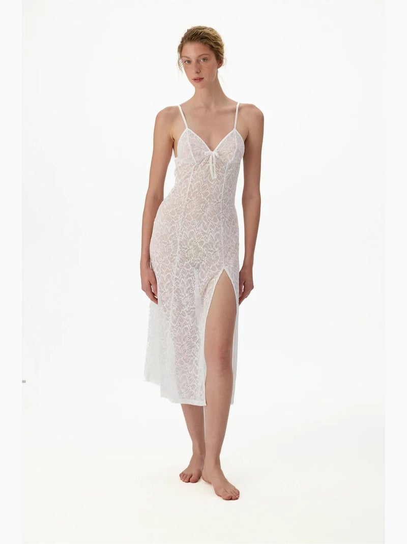Robe de chambre bridal délicate en dentelle à manches longues froissée penti Blanc - Kiabi