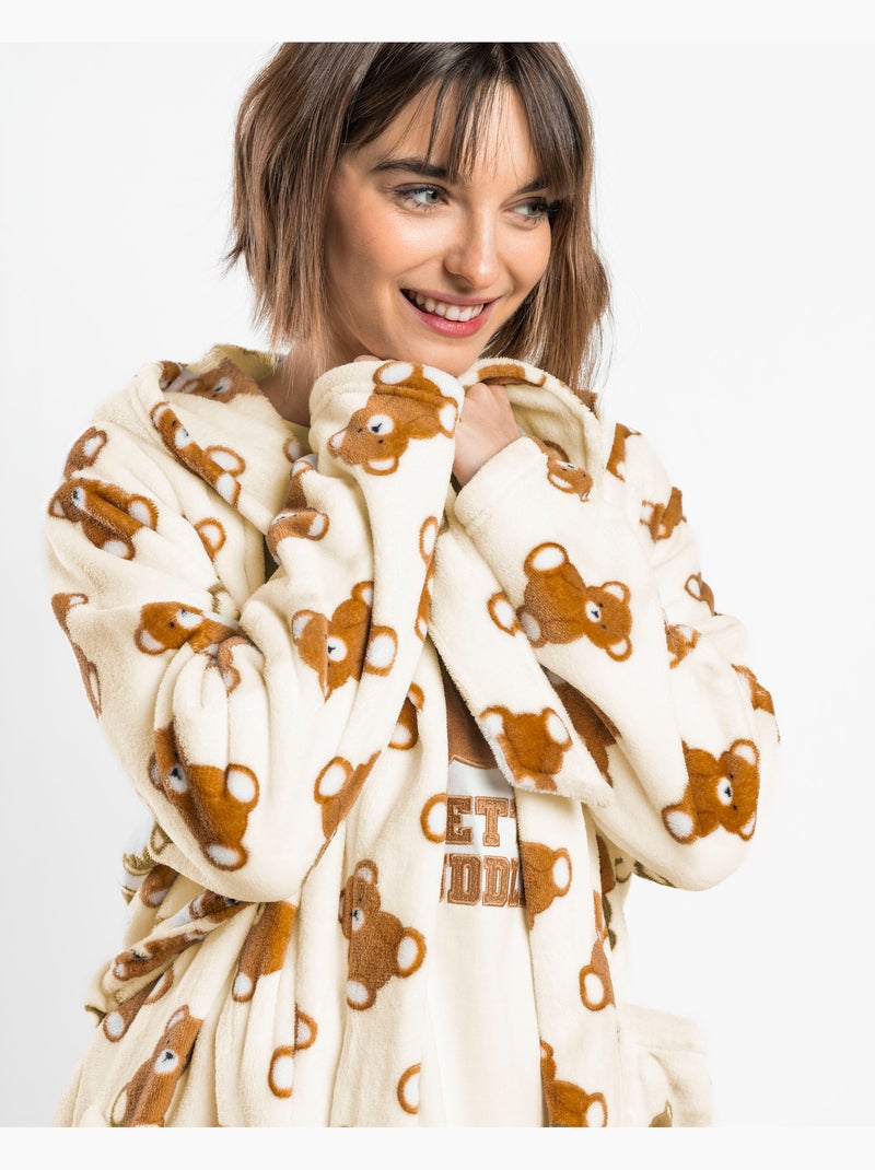 Robe de chambre chaude à manches longues ADMAS pour femmes, motif ours en peluche Ecru - Kiabi