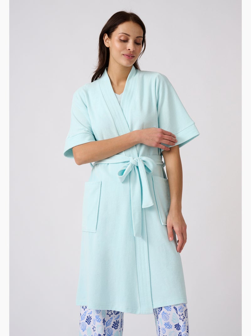 Robe de chambre forme kimono, maille bouclette  - Damart Bleu givrée - Kiabi