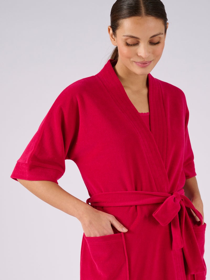 Robe de chambre forme kimono, maille bouclette  - Damart Rouge cerise - Kiabi