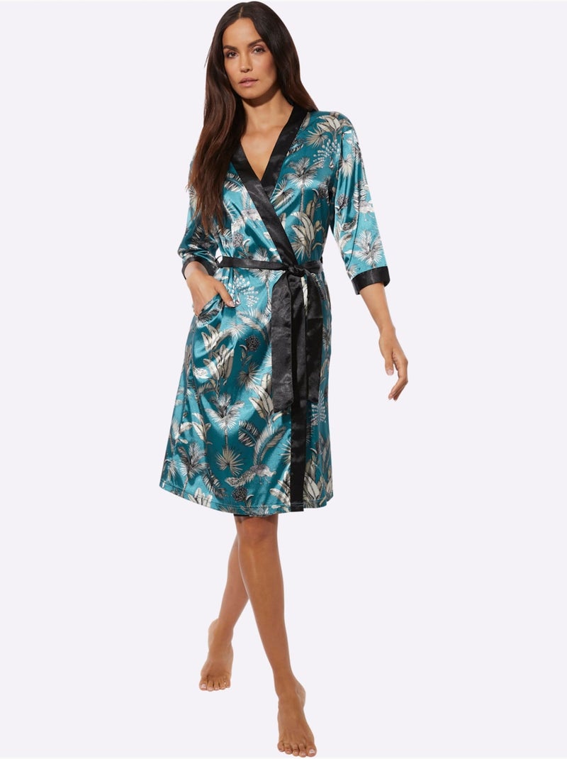 Robe De Chambre Satin - Taille Standard - Witt Bleu Beige - Kiabi