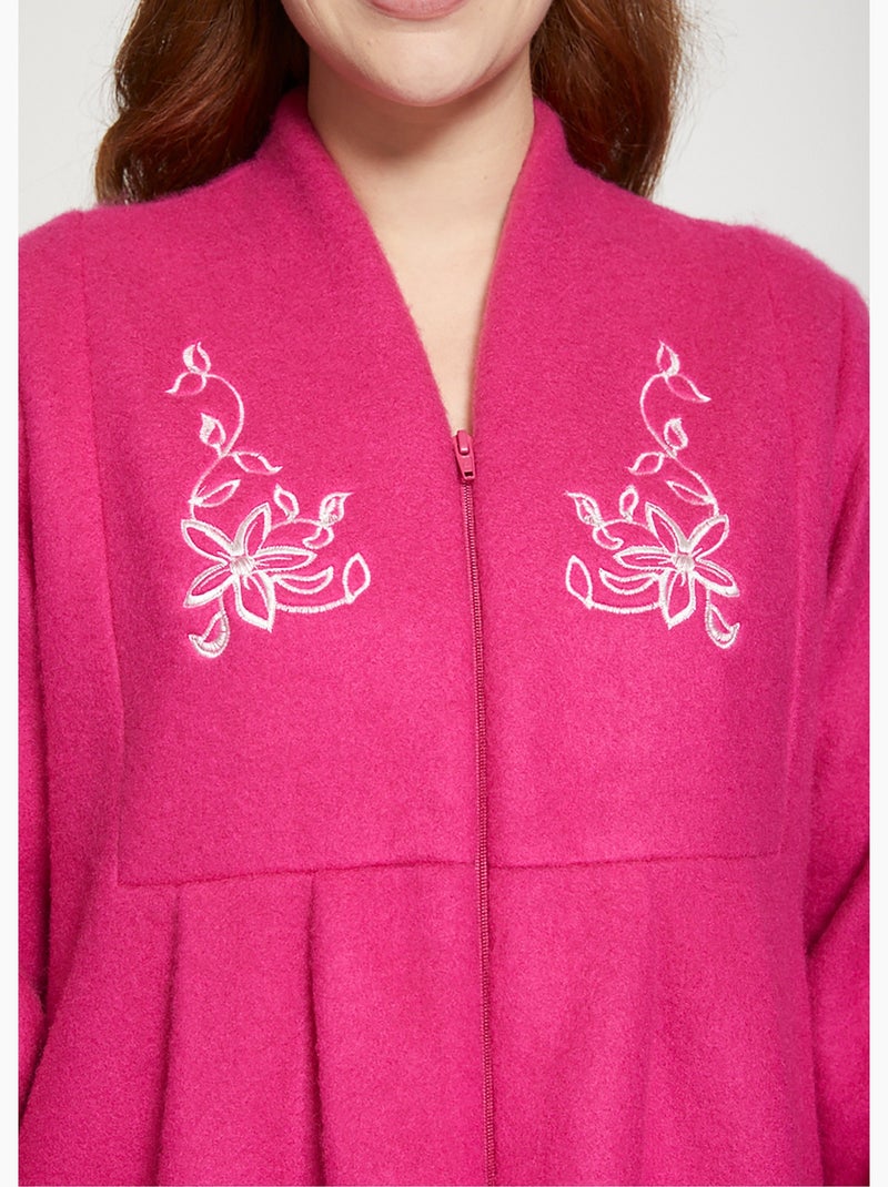 Robe de chambre zippée et brodée Rose fushia - Kiabi