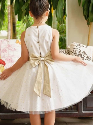 Robe de Cortège Fille  Lin Blanc Or Tulle à Paillettes  HEPBURN - 'LA FAUTE A VOLTAIRE'