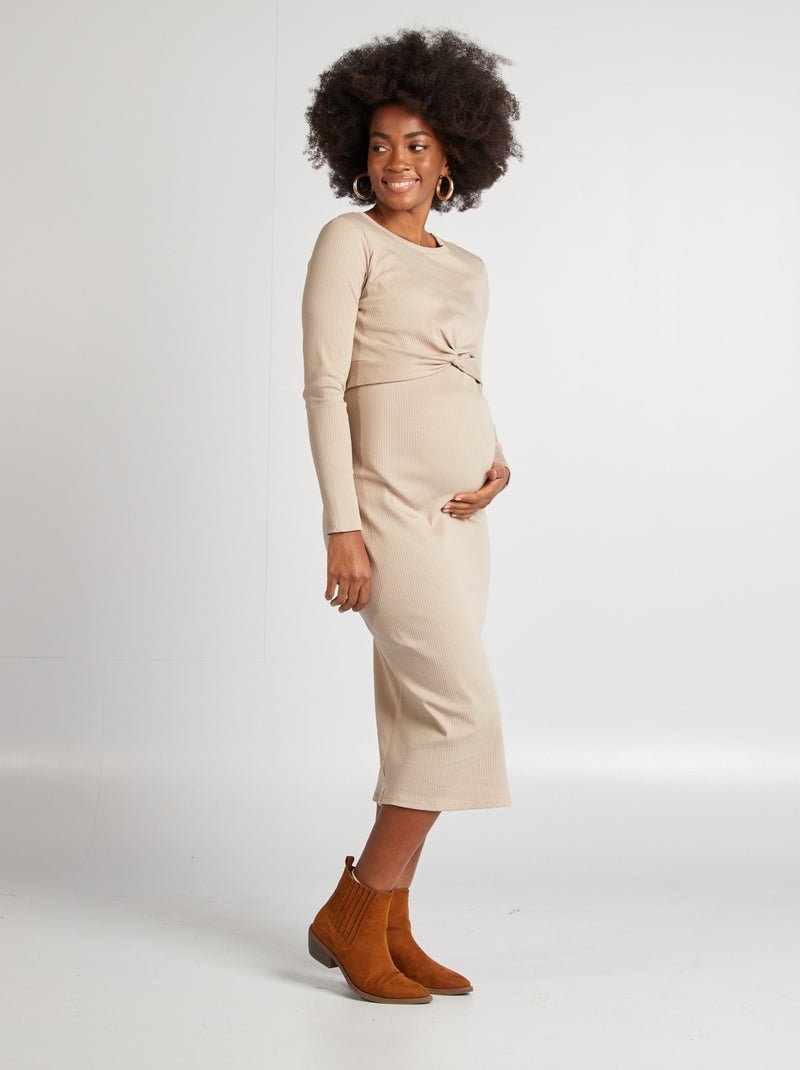 Robe de grossesse côtelée beige - Kiabi