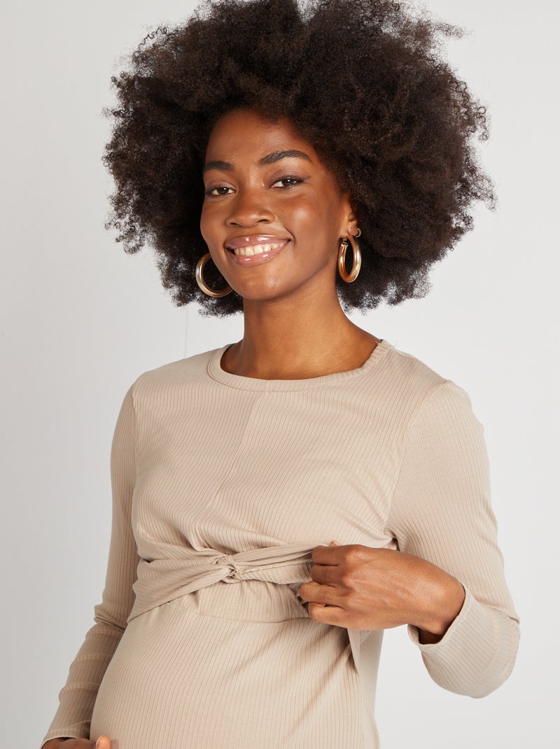 Robe de grossesse côtelée beige - Kiabi