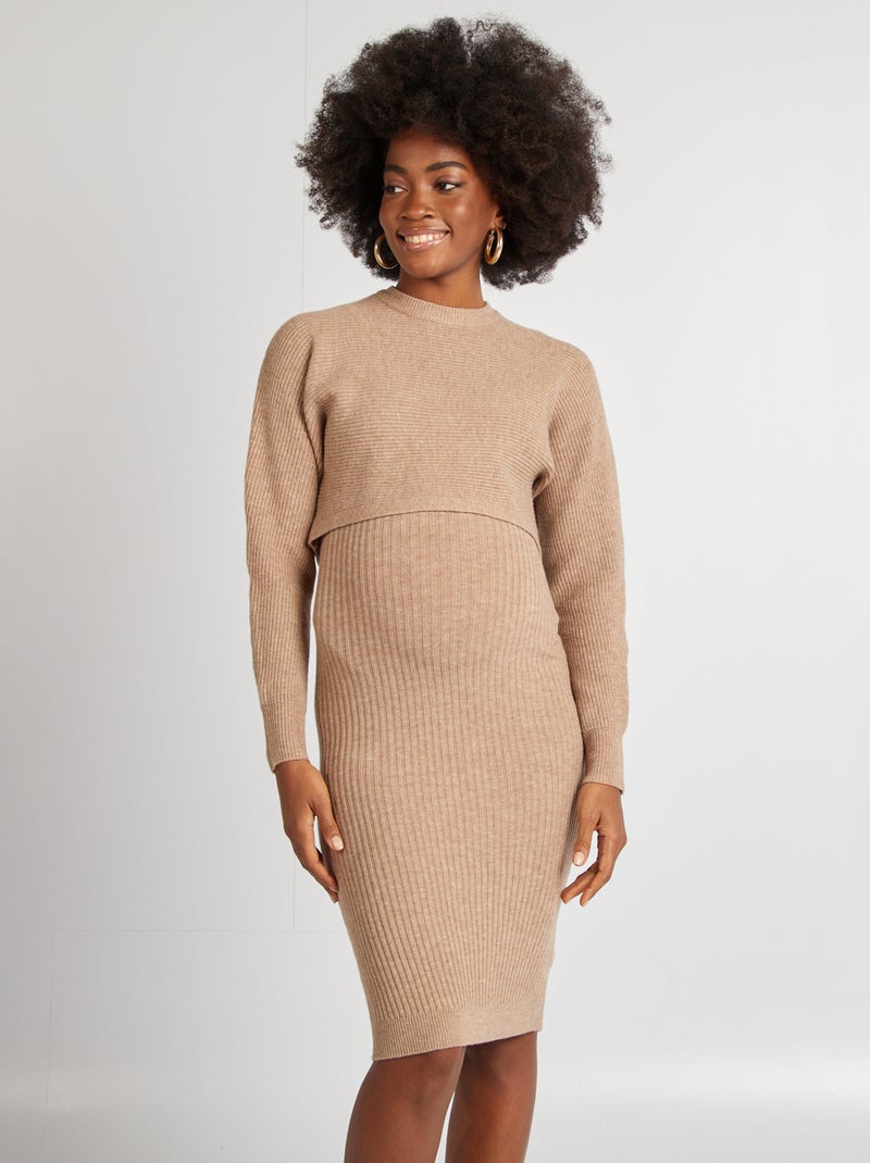 Robe de grossesse côtelée Beige - Kiabi