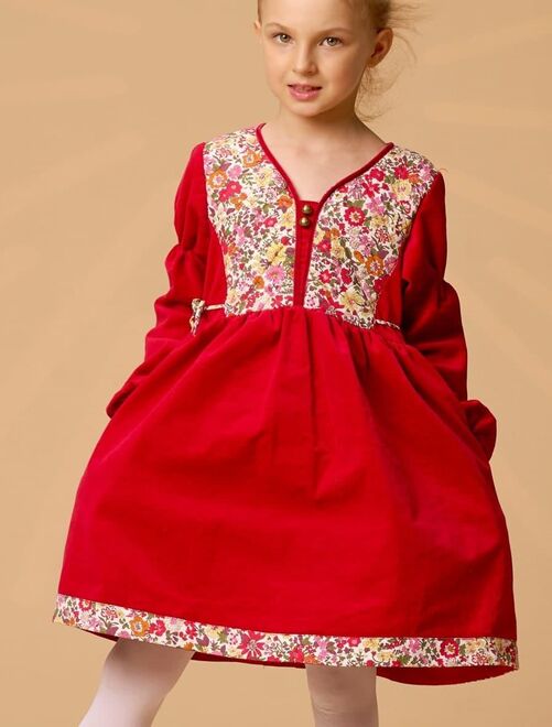 Robe de Noël Fille  Velours Rouge Fleuri Liberty  MARGOT - La Faute à Voltaire - Kiabi