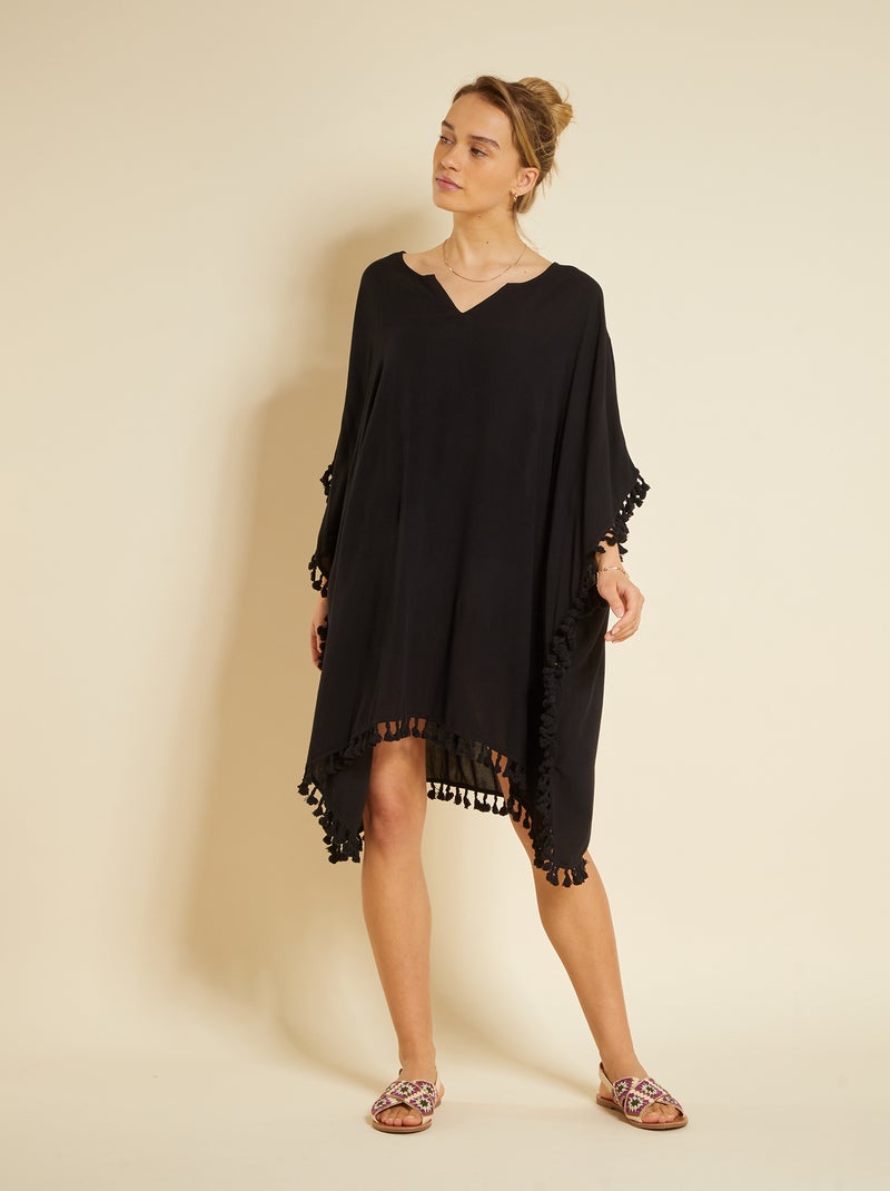Robe de plage fluide à pompons noir - Kiabi