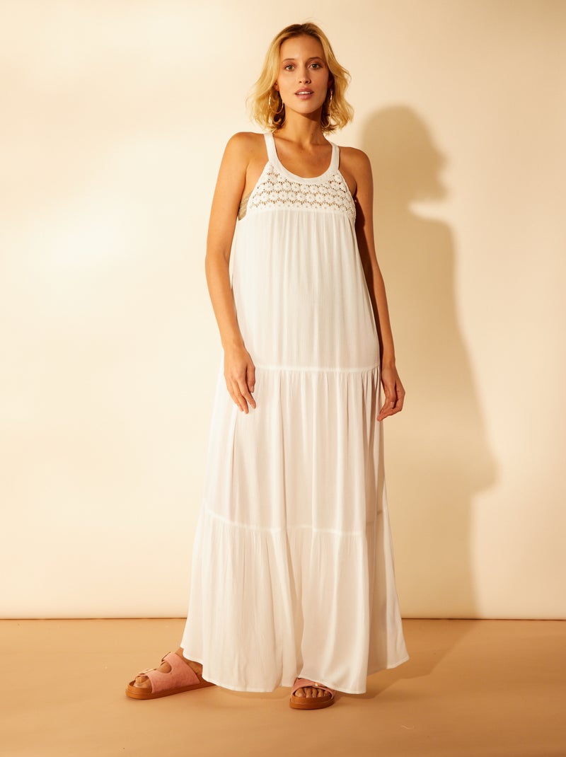 Robe de plage longue avec fleurs brodées blanc - Kiabi