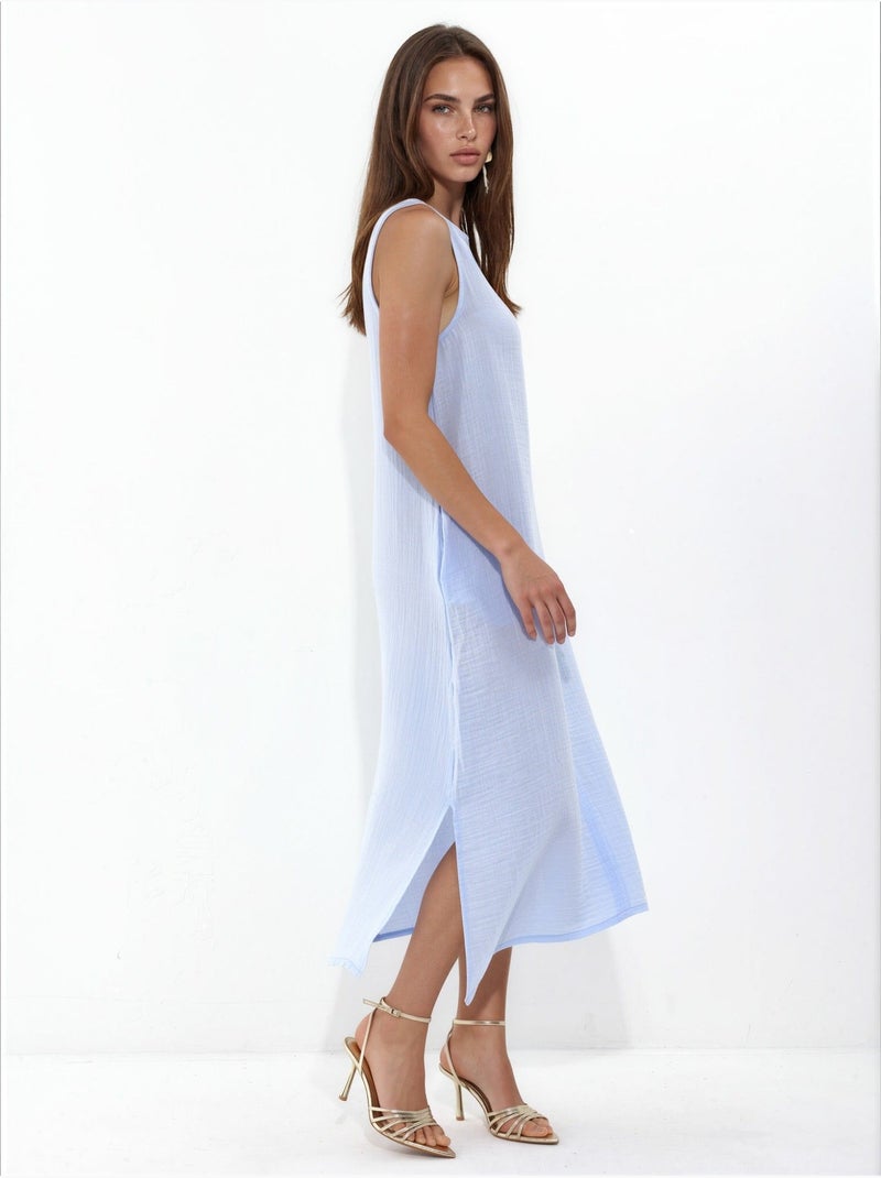 Robe de plage mi-longue en coton texturé avec fente Bleu clair - Kiabi