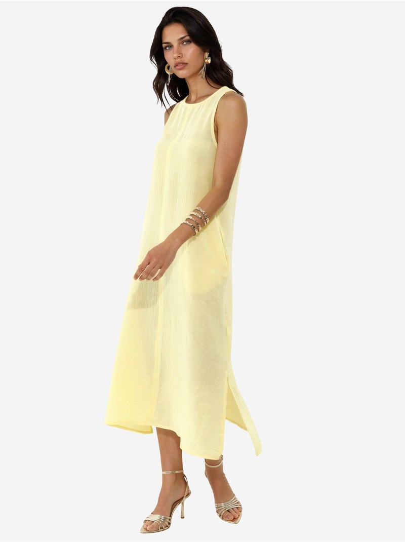 Robe de plage mi-longue en coton texturé avec fente Jaune citron - Kiabi