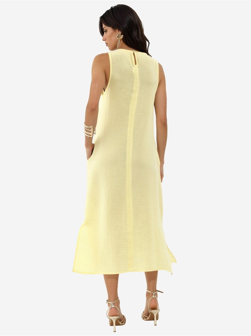 Robe de plage mi-longue en coton texturé avec fente Jaune citron - Kiabi