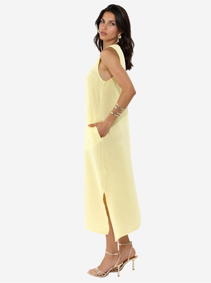 Robe de plage mi-longue en coton texturé avec fente Jaune citron - Kiabi