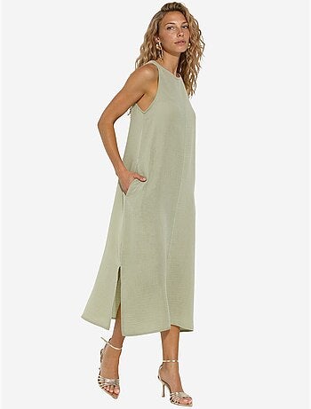 Robe de plage mi-longue en coton texturé avec fente