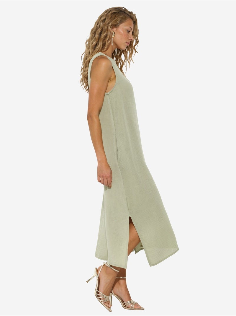 Robe de plage mi-longue en coton texturé avec fente Vert menthe - Kiabi