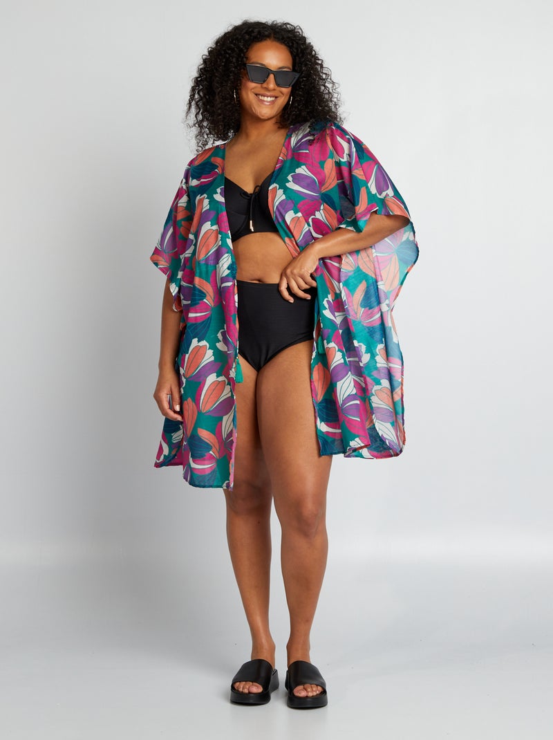 Robe de plage ouverte imprimé maxi-fleurs Vert - Kiabi