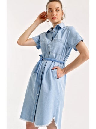 Robe Denim avec Ceinture à la Taille - Bleu Ciel