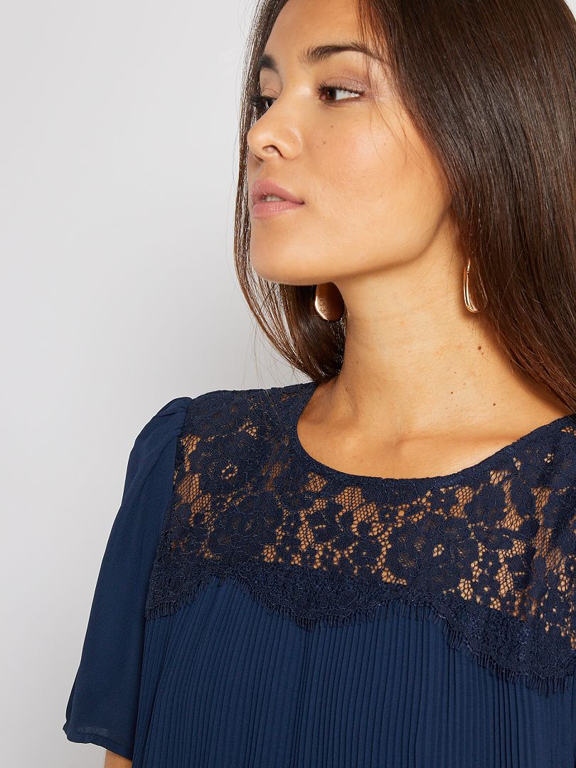 Robe dentelle et plis - bleu marine - Kiabi - 20.00�?�