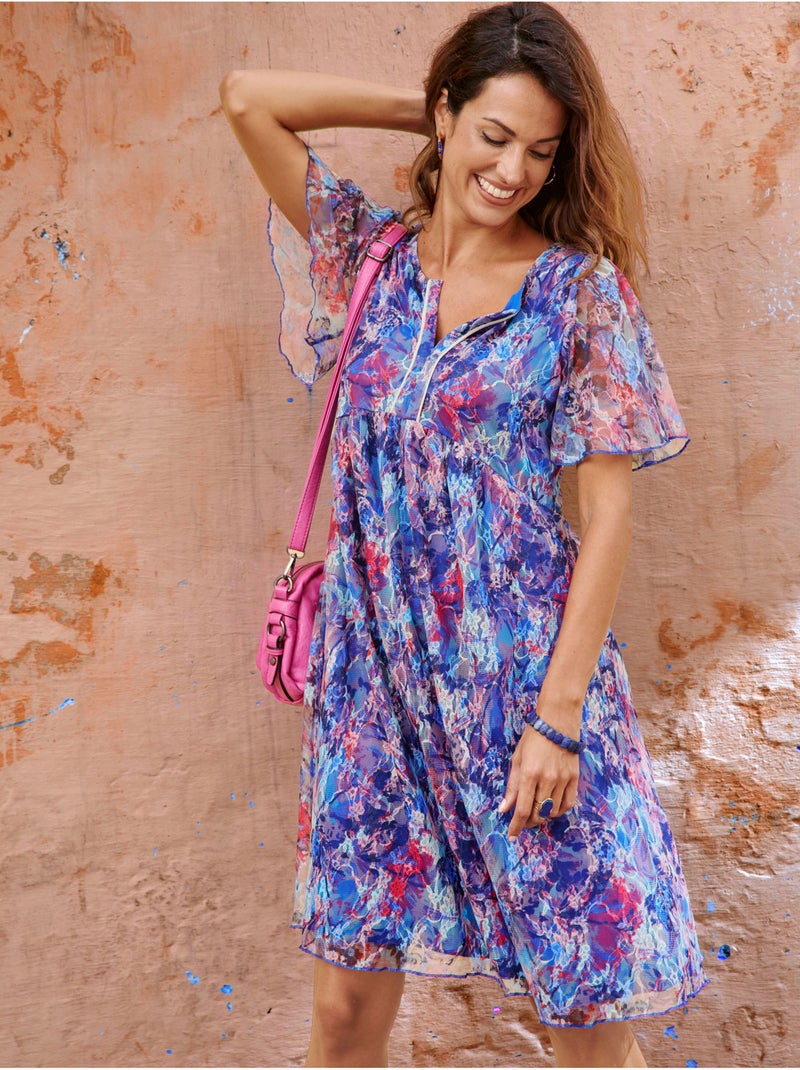 Robe dentelle manches volantées - DAXON Bleu Multicolore - Kiabi