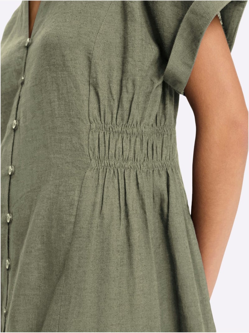 Robe D'été 55% Lin - Taille Standard - Helline Kaki - Kiabi