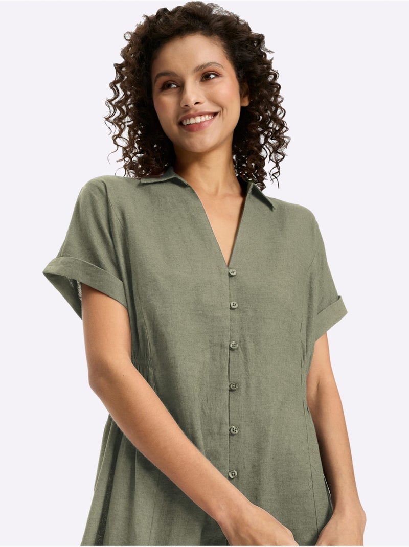 Robe D'été 55% Lin - Taille Standard - Helline Kaki - Kiabi