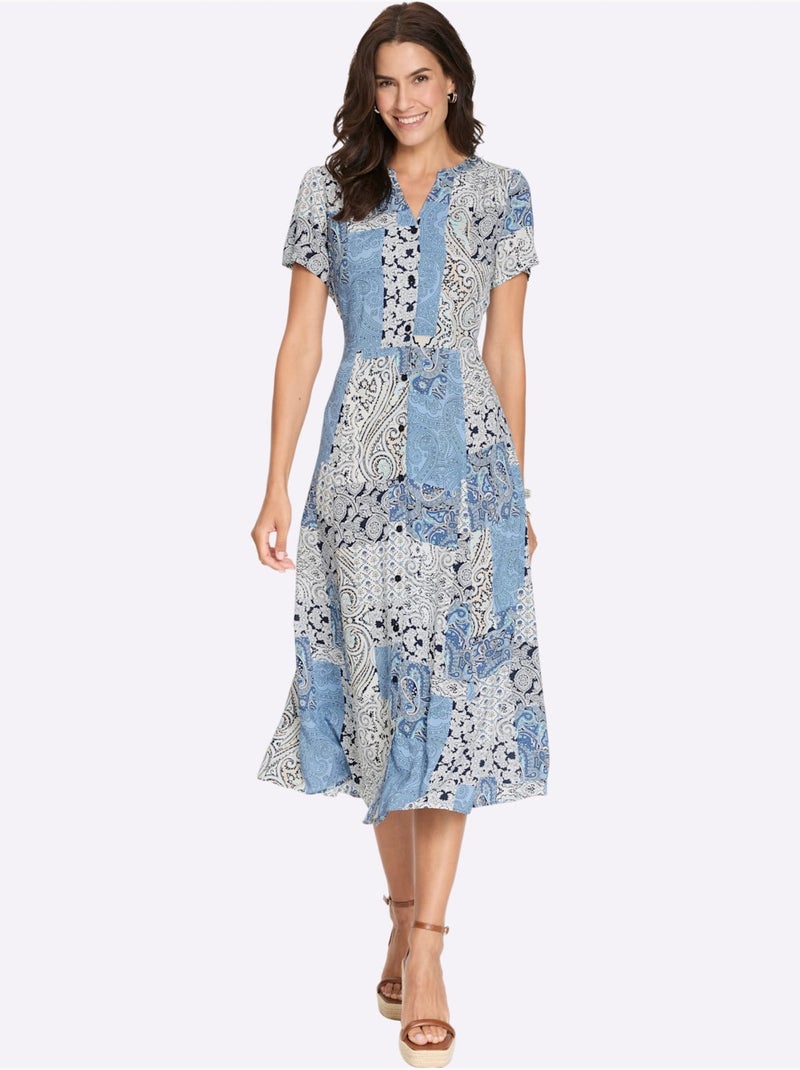 Robe d'été à col rond avec motif patchwork et manches courtes - Taille standard - Witt Bleu Ecru Bleu - Kiabi