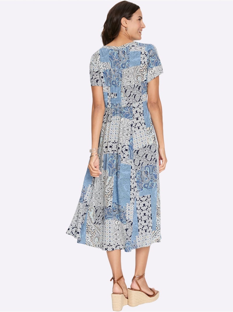 Robe d'été à col rond avec motif patchwork et manches courtes - Taille standard - Witt Bleu Ecru Bleu - Kiabi