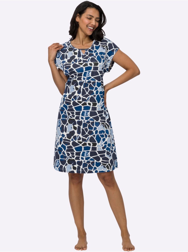 Robe d'été à imprimé animal avec encolure V et mancherons - Taille standard - Moda Vilona Blanc Bleu - Kiabi