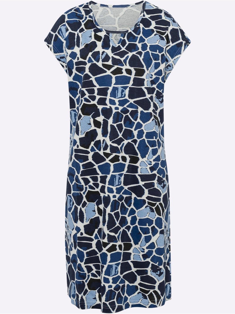 Robe d'été à imprimé animal avec encolure V et mancherons - Taille standard - Moda Vilona Blanc Bleu - Kiabi