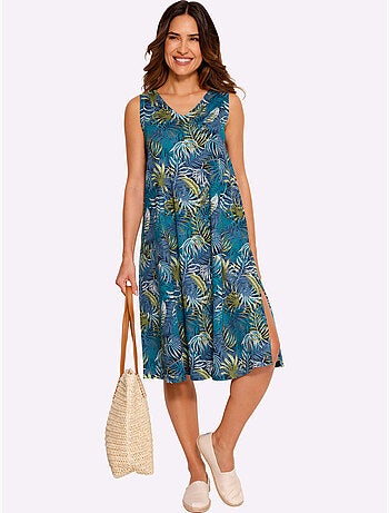 Robe d'été à motif feuilles avec encolure en v et fente latérale - taille standard - moda vilona