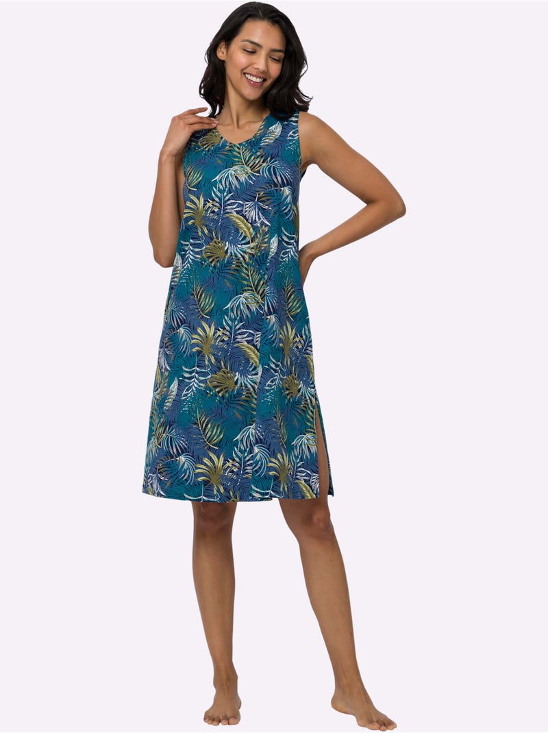 Robe d'été à motif feuilles avec encolure en v et fente latérale - taille standard - moda vilona Bleu jean - Kiabi