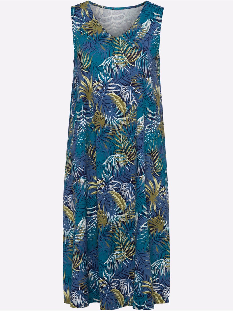 Robe d'été à motif feuilles avec encolure en v et fente latérale - taille standard - moda vilona Bleu jean - Kiabi