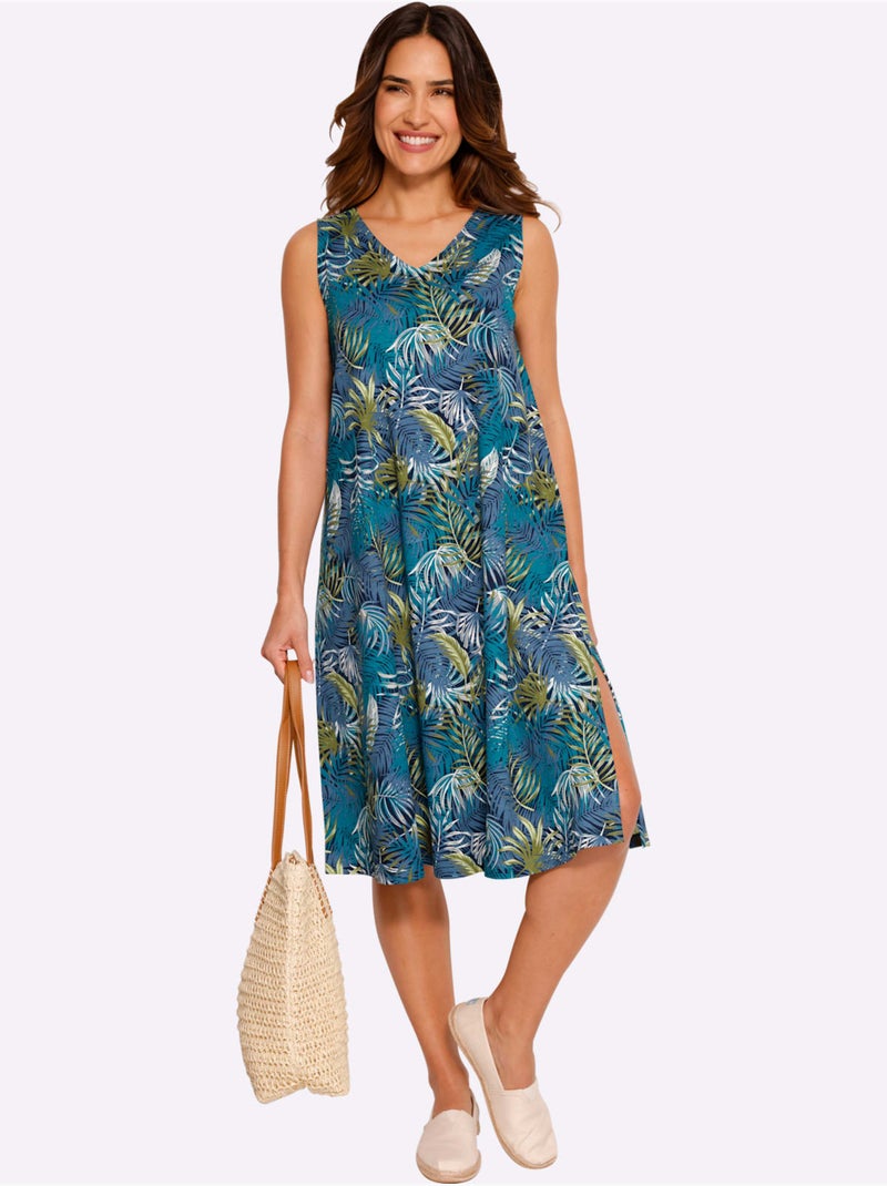 Robe d'été à motif feuilles avec encolure en v et fente latérale - taille standard - moda vilona Bleu jean - Kiabi