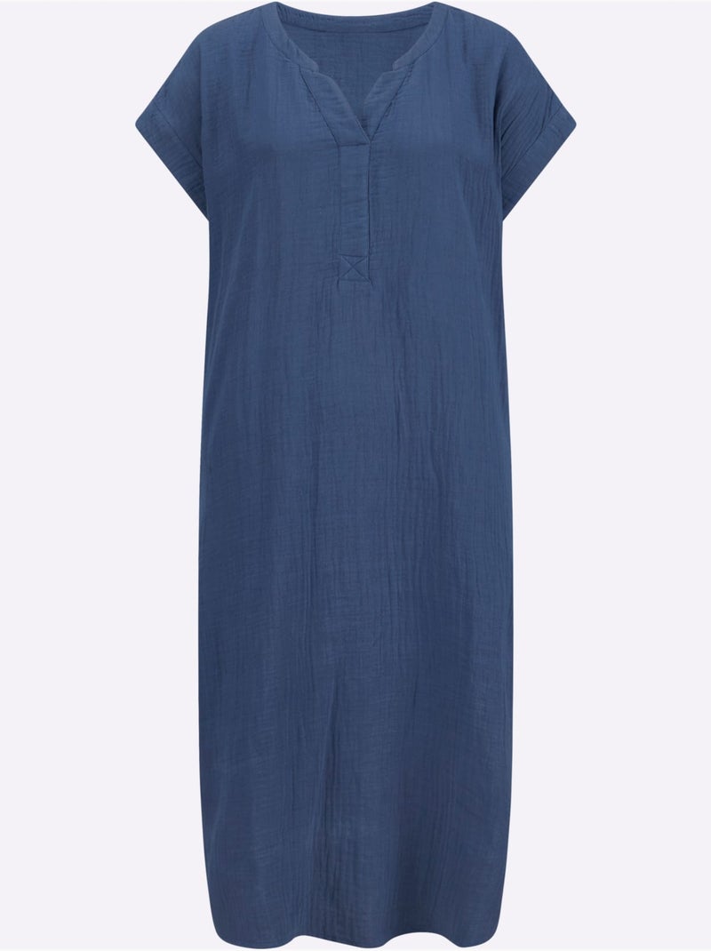 Robe d'été en coton avec col en V et mancherons - Taille standard - Witt Bleu jean - Kiabi