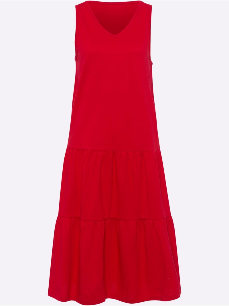 Robe d'été en jersey avec encolure en V et volants froncés - Taille standard - Moda Vilona Rouge - Kiabi