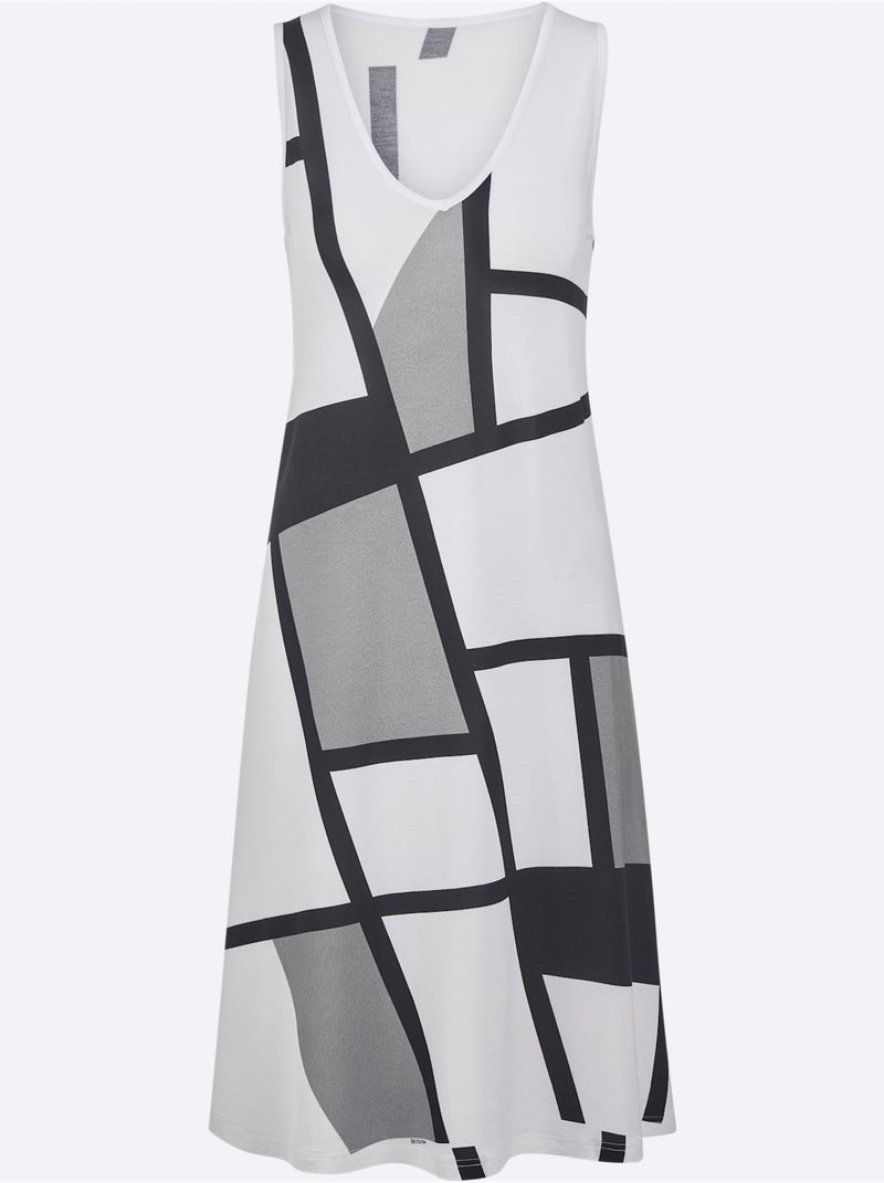 Robe d'été en jersey fin à encolure en V avec motif graphique - Taille standard - Witt Blanc Noir - Kiabi