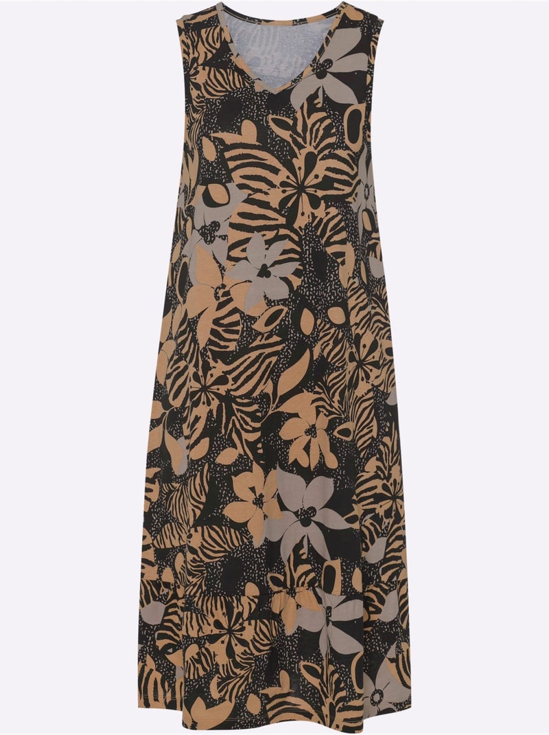 Robe d'été en jersey fin avec encolure en V et motifs floraux -  - Moda Vilona Noir Beige - Kiabi