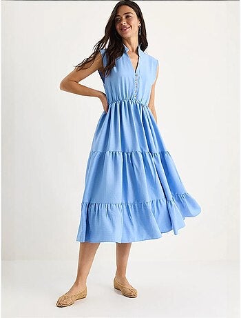 Robe d'été en modal à volants et col en v à rayures et taille élastique bianco lucci