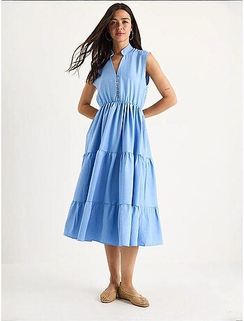 Robe d'été en modal à volants et col en v à rayures et taille élastique bianco lucci