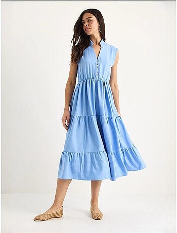 Robe d'été en modal à volants et col en v à rayures et taille élastique bianco lucci