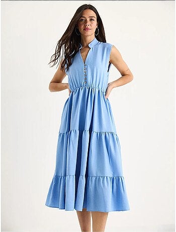 Robe d'été en modal à volants et col en v à rayures et taille élastique bianco lucci