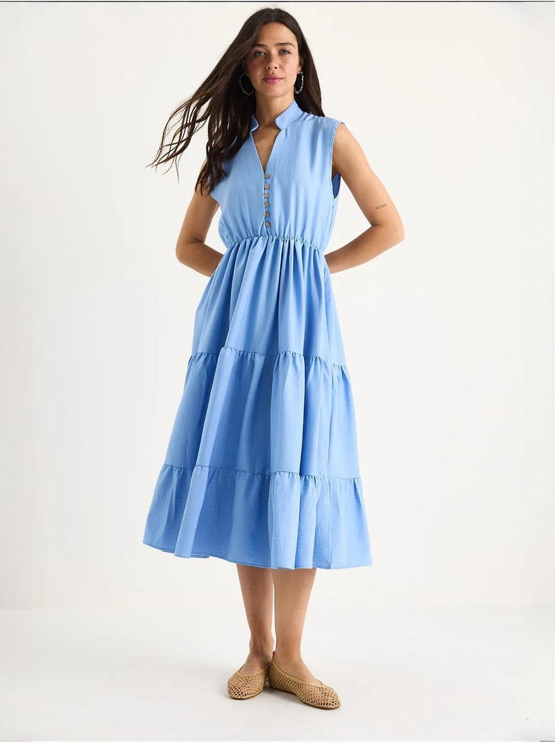 Robe d'été en modal à volants et col en v à rayures et taille élastique bianco lucci Bleu clair - Kiabi