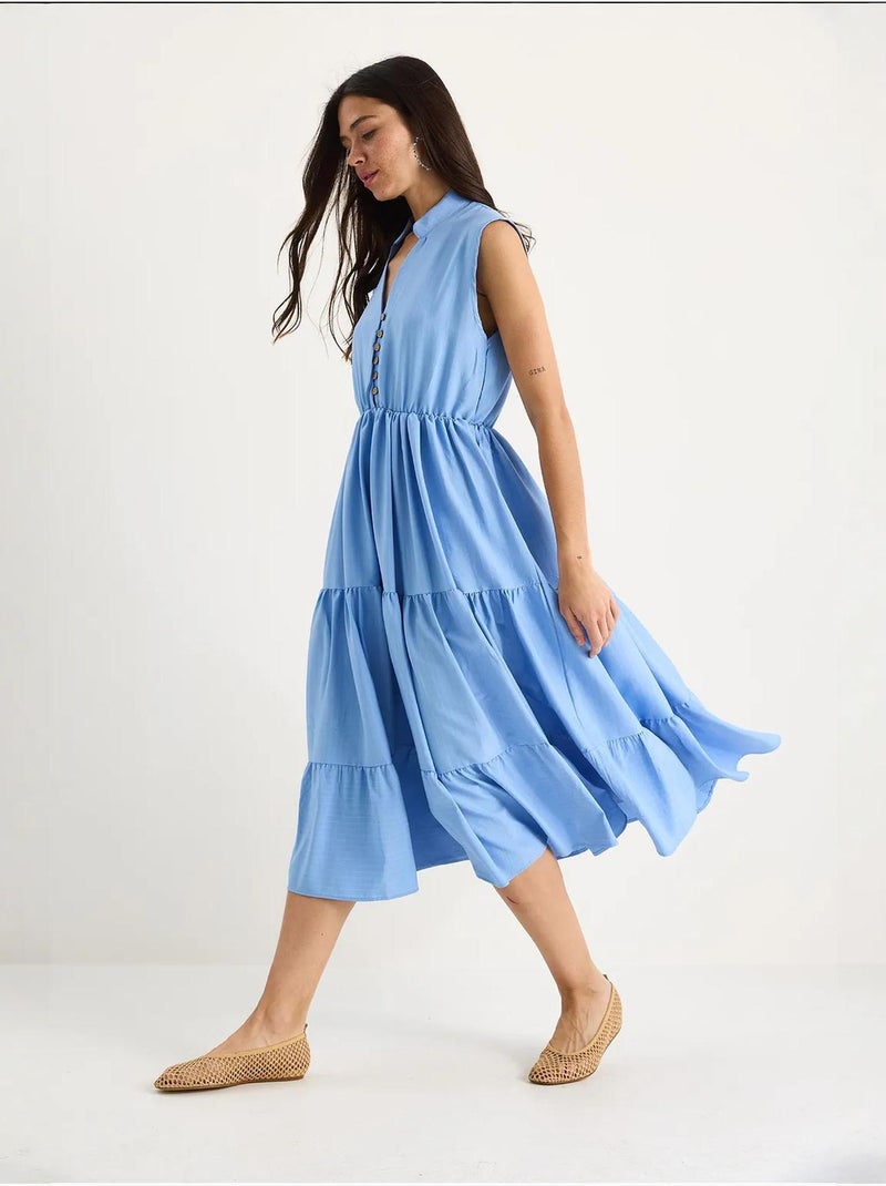 Robe d'été en modal à volants et col en v à rayures et taille élastique bianco lucci Bleu clair - Kiabi